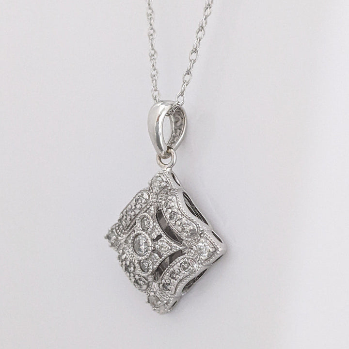 14K WHITE DIAMOND ROUND MELEE SQUARE PENDANT & CHAIN 3.1 GRAMS