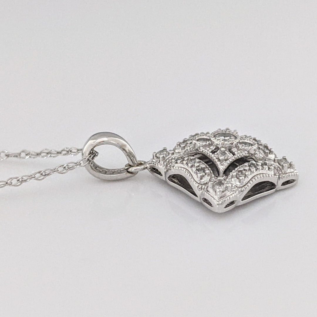 14K WHITE DIAMOND ROUND MELEE SQUARE PENDANT & CHAIN 3.1 GRAMS