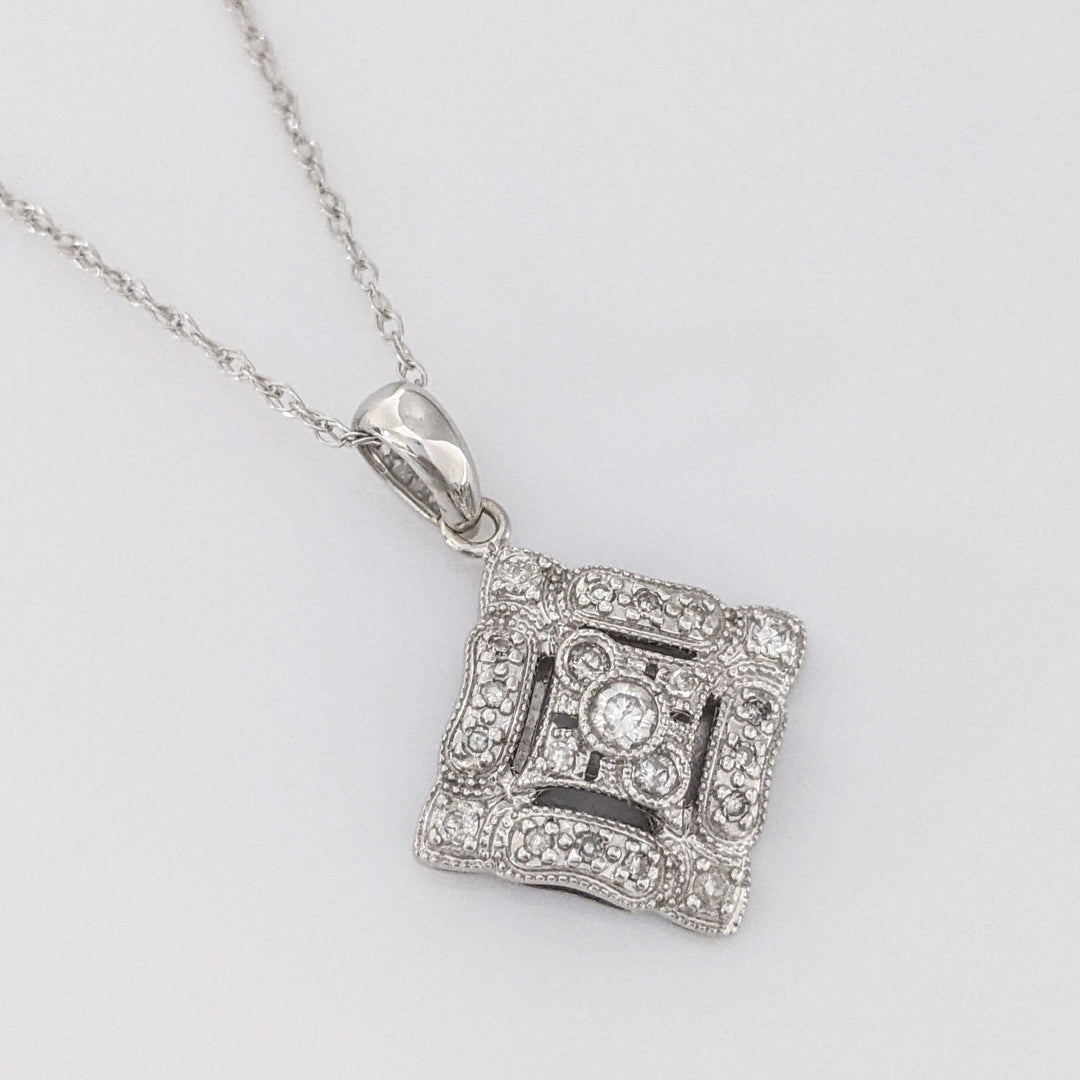 14K WHITE DIAMOND ROUND MELEE SQUARE PENDANT & CHAIN 3.1 GRAMS