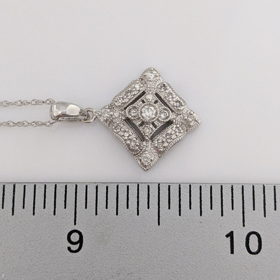 14K WHITE DIAMOND ROUND MELEE SQUARE PENDANT & CHAIN 3.1 GRAMS