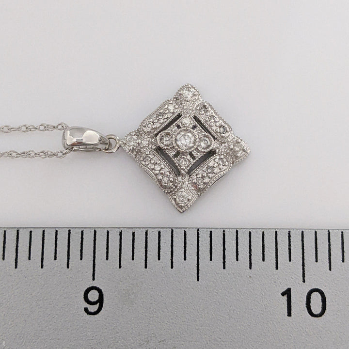 14K WHITE DIAMOND ROUND MELEE SQUARE PENDANT & CHAIN 3.1 GRAMS