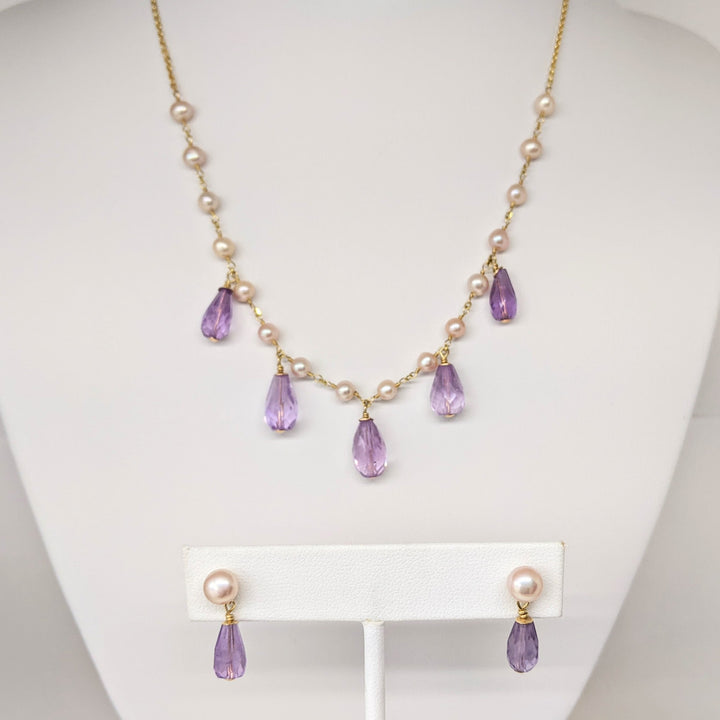 14K PEARL/ AMETHYST DANGLE ESTATE NECKLACE & EARRING SET 9.3 GRAMS