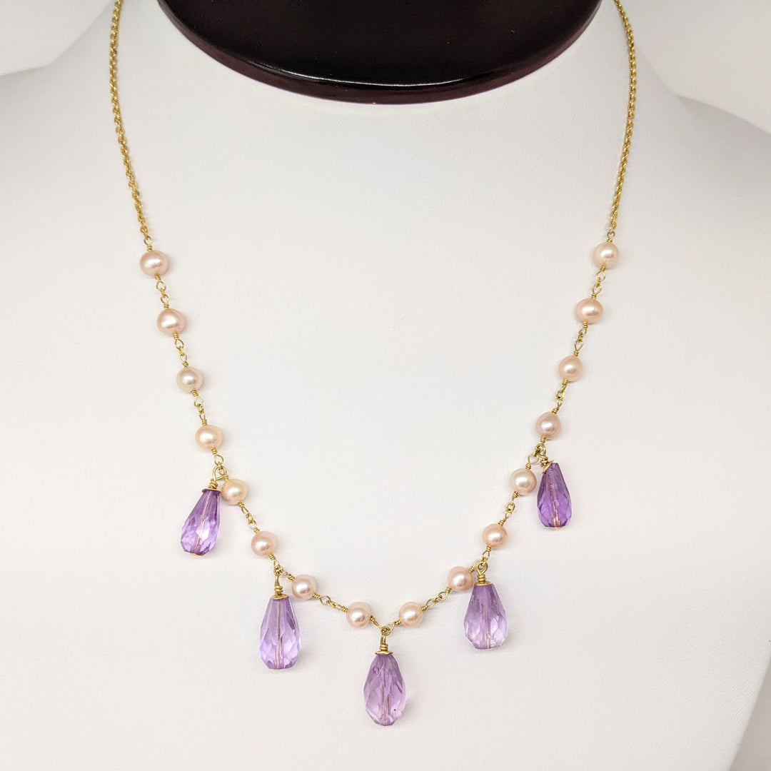 14K PEARL/ AMETHYST DANGLE ESTATE NECKLACE & EARRING SET 9.3 GRAMS