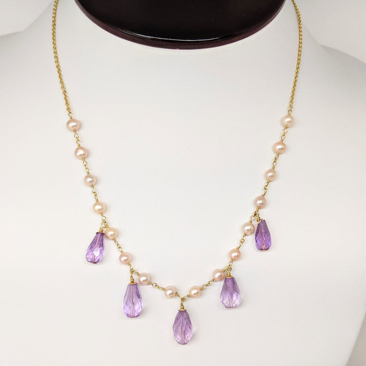 14K PEARL/ AMETHYST DANGLE ESTATE NECKLACE & EARRING SET 9.3 GRAMS