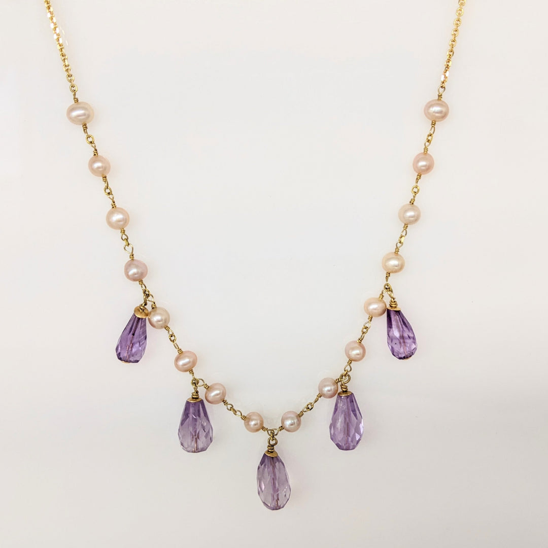 14K PEARL/ AMETHYST DANGLE ESTATE NECKLACE & EARRING SET 9.3 GRAMS