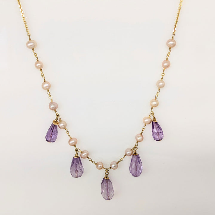 14K PEARL/ AMETHYST DANGLE ESTATE NECKLACE & EARRING SET 9.3 GRAMS