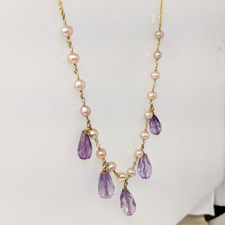 14K PEARL/ AMETHYST DANGLE ESTATE NECKLACE & EARRING SET 9.3 GRAMS
