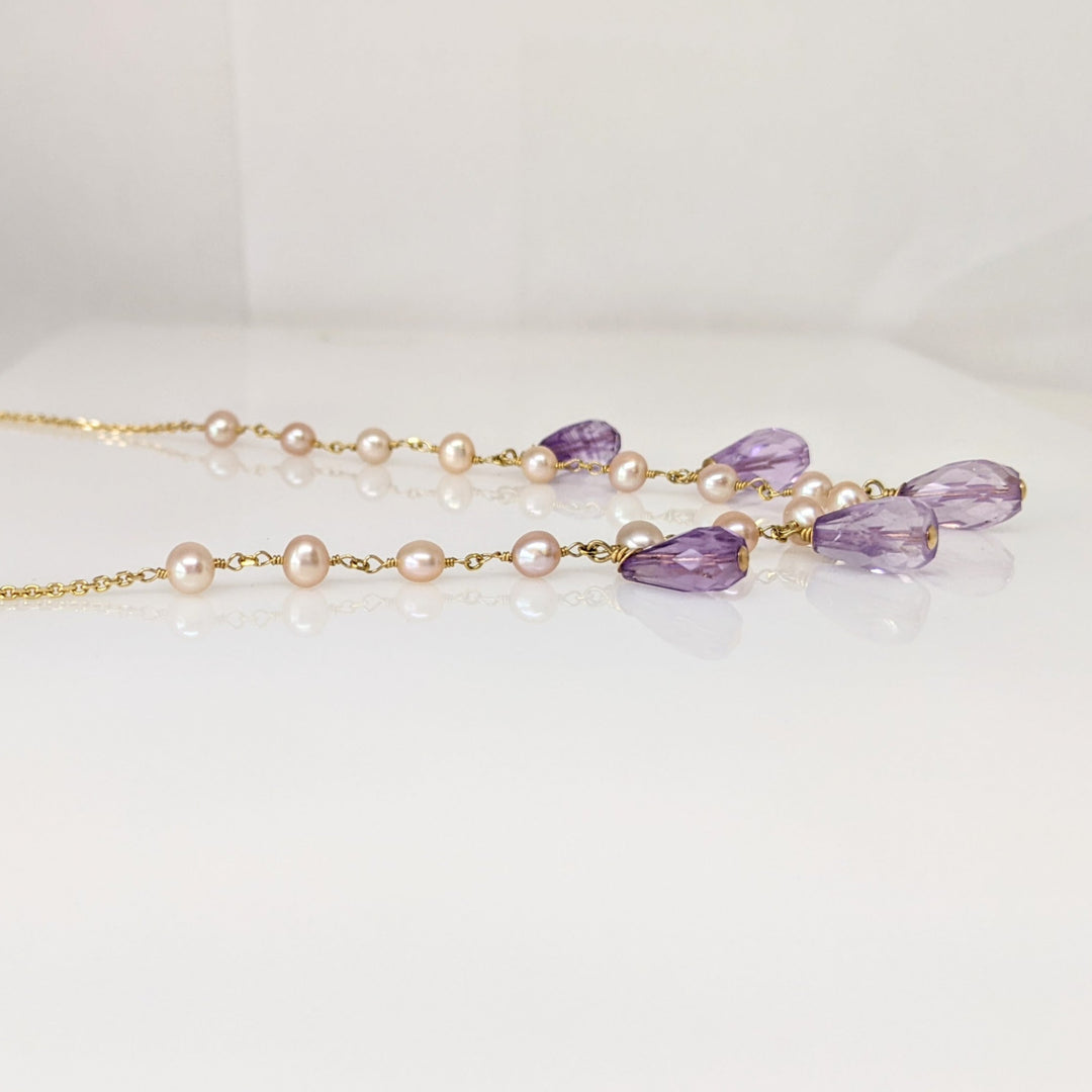 14K PEARL/ AMETHYST DANGLE ESTATE NECKLACE & EARRING SET 9.3 GRAMS