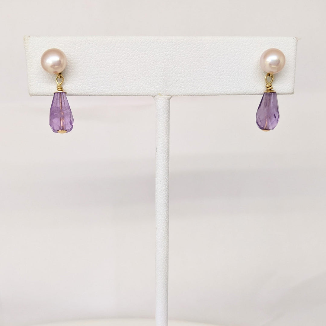 14K PEARL/ AMETHYST DANGLE ESTATE NECKLACE & EARRING SET 9.3 GRAMS