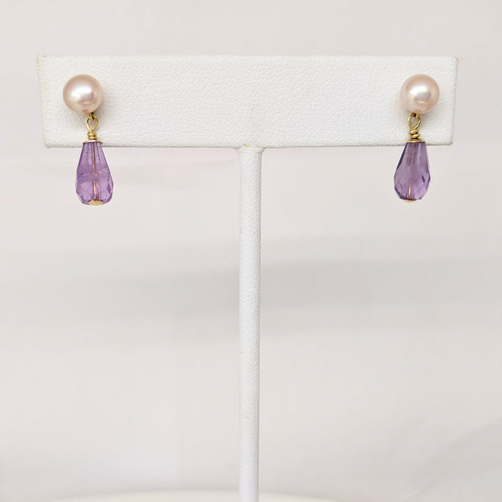 14K PEARL/ AMETHYST DANGLE ESTATE NECKLACE & EARRING SET 9.3 GRAMS