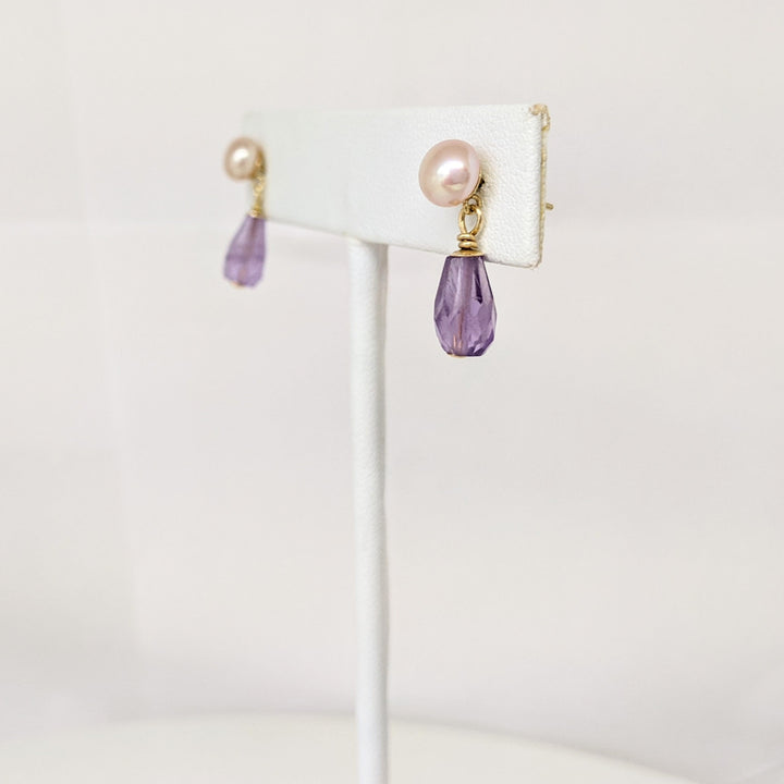 14K PEARL/ AMETHYST DANGLE ESTATE NECKLACE & EARRING SET 9.3 GRAMS