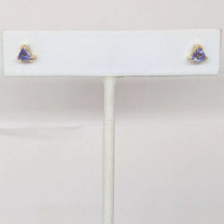 14K TANZANITE TRILLION 4MM ESTATE STUD EARRINGS 0.7 GRAMS