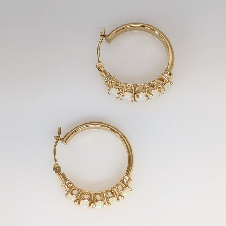 14K OPAL ROUND (10) 3.5MM ESTATE HOOP EARRINGS 4.2 GRAMS