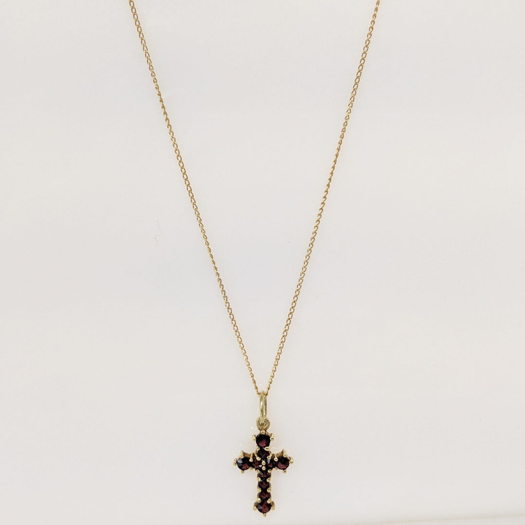 14K GARNET ROUND (10) 2.0MM ESTATE CROSS PENDANT & CHAIN 1.8 GRAMS