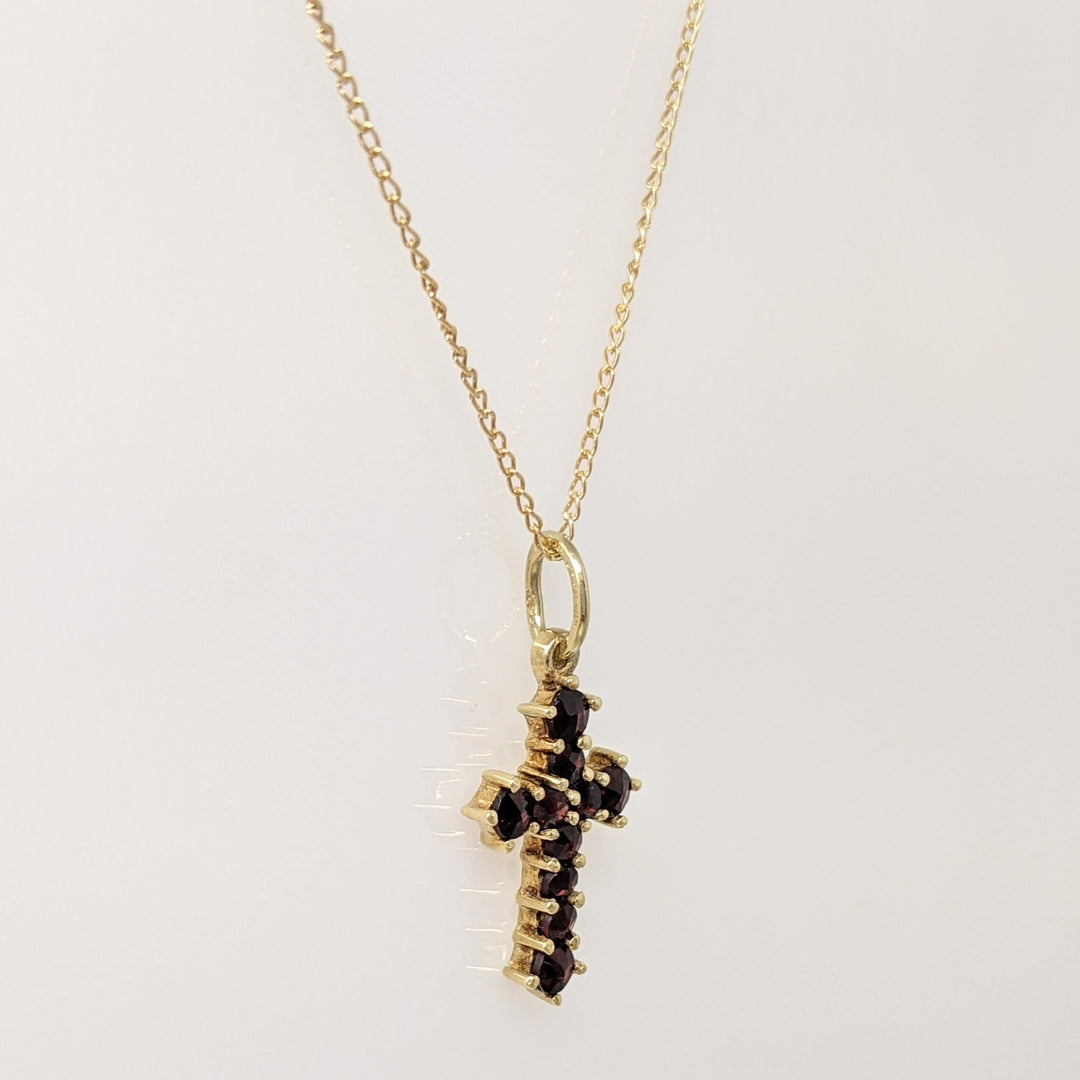 14K GARNET ROUND (10) 2.0MM ESTATE CROSS PENDANT & CHAIN 1.8 GRAMS