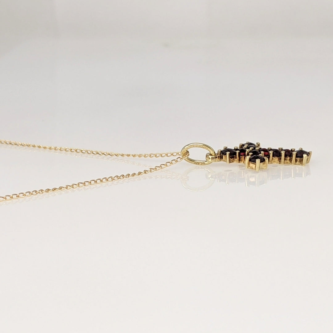 14K GARNET ROUND (10) 2.0MM ESTATE CROSS PENDANT & CHAIN 1.8 GRAMS