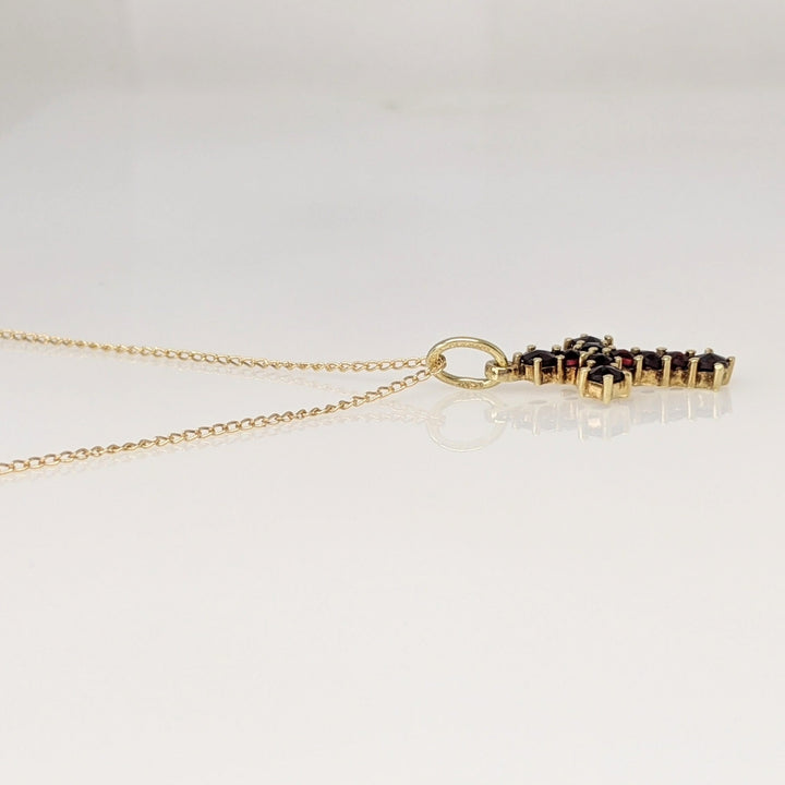14K GARNET ROUND (10) 2.0MM ESTATE CROSS PENDANT & CHAIN 1.8 GRAMS