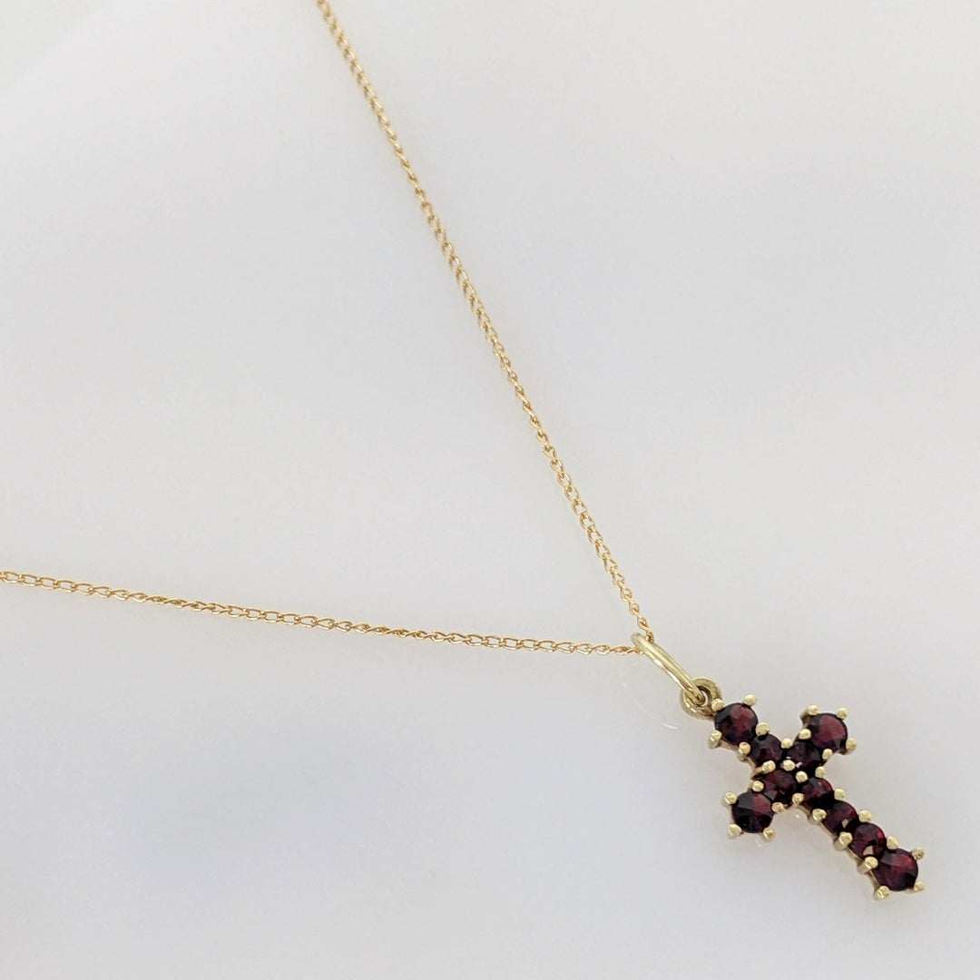 14K GARNET ROUND (10) 2.0MM ESTATE CROSS PENDANT & CHAIN 1.8 GRAMS