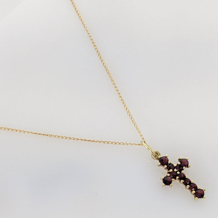14K GARNET ROUND (10) 2.0MM ESTATE CROSS PENDANT & CHAIN 1.8 GRAMS