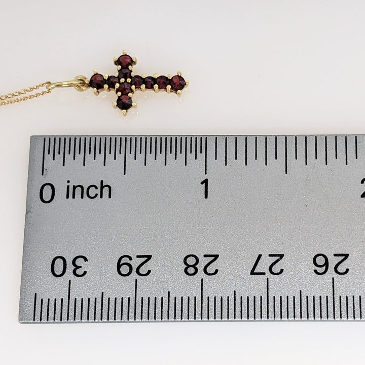 14K GARNET ROUND (10) 2.0MM ESTATE CROSS PENDANT & CHAIN 1.8 GRAMS