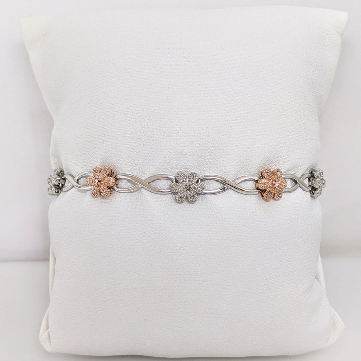10K TWO-TONE 1.00 CARAT TOTAL WEIGHT DIAMOND ROUND PROMOTIONAL FLORAL LINK ESTATE BRACELET 8.6 GRAMS