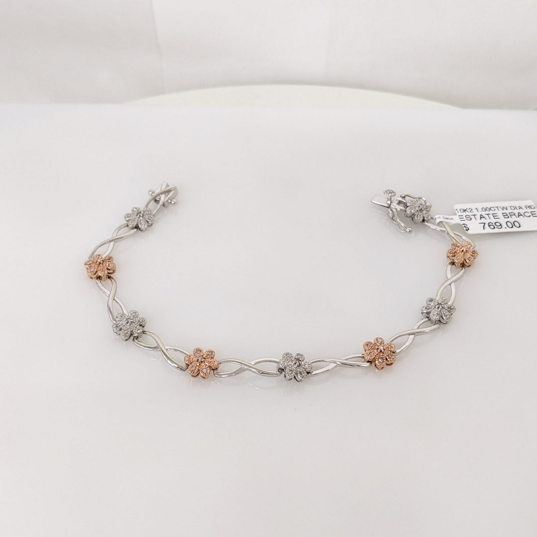 10K TWO-TONE 1.00 CARAT TOTAL WEIGHT DIAMOND ROUND PROMOTIONAL FLORAL LINK ESTATE BRACELET 8.6 GRAMS