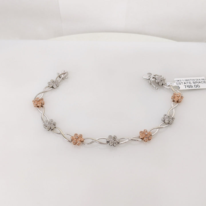 10K TWO-TONE 1.00 CARAT TOTAL WEIGHT DIAMOND ROUND PROMOTIONAL FLORAL LINK ESTATE BRACELET 8.6 GRAMS