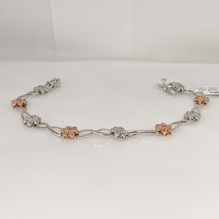 10K TWO-TONE 1.00 CARAT TOTAL WEIGHT DIAMOND ROUND PROMOTIONAL FLORAL LINK ESTATE BRACELET 8.6 GRAMS