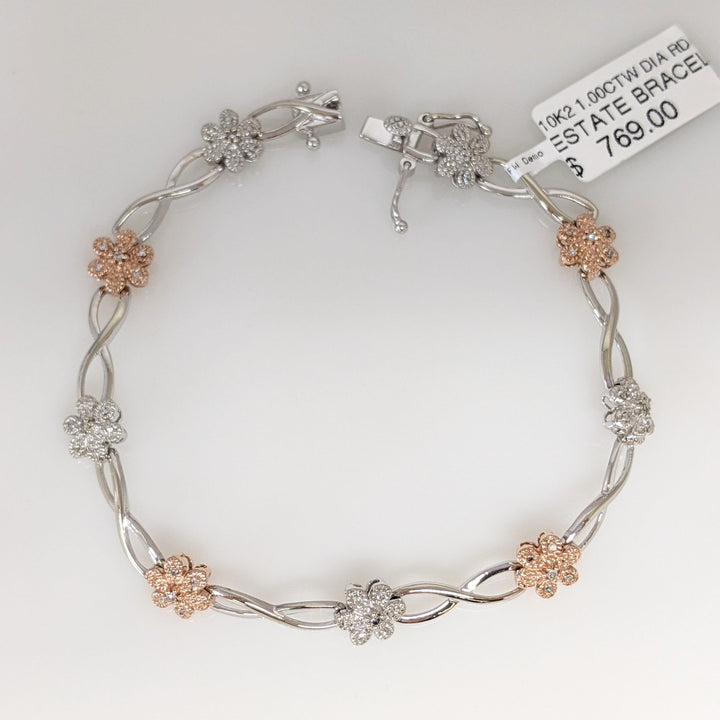 10K TWO-TONE 1.00 CARAT TOTAL WEIGHT DIAMOND ROUND PROMOTIONAL FLORAL LINK ESTATE BRACELET 8.6 GRAMS