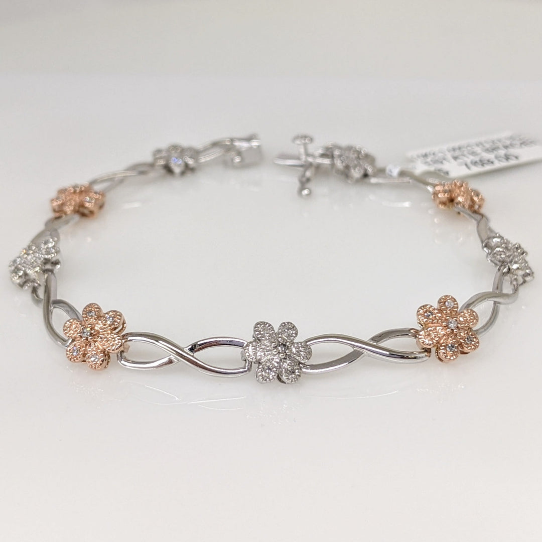 10K TWO-TONE 1.00 CARAT TOTAL WEIGHT DIAMOND ROUND PROMOTIONAL FLORAL LINK ESTATE BRACELET 8.6 GRAMS