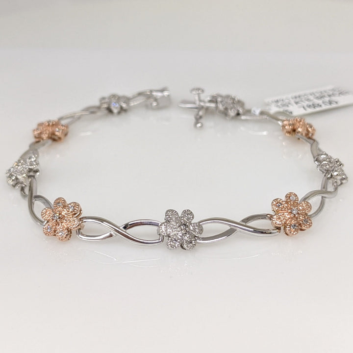 10K TWO-TONE 1.00 CARAT TOTAL WEIGHT DIAMOND ROUND PROMOTIONAL FLORAL LINK ESTATE BRACELET 8.6 GRAMS