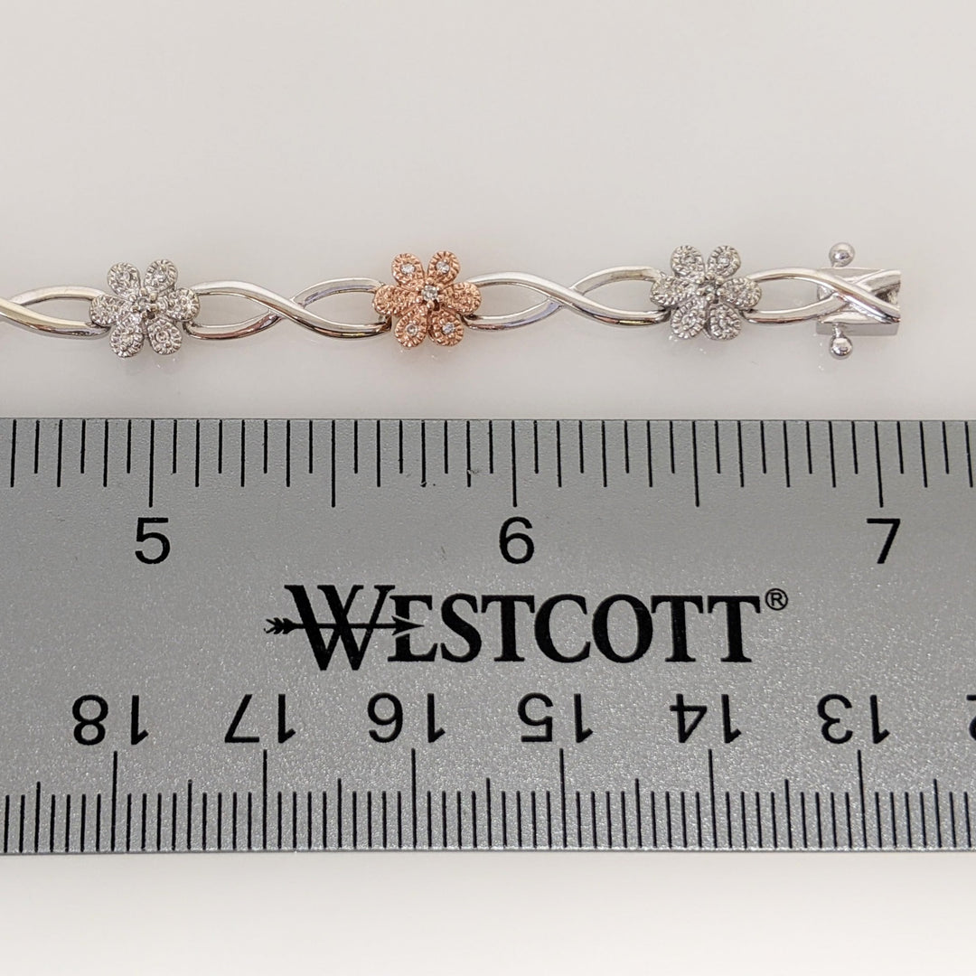 10K TWO-TONE 1.00 CARAT TOTAL WEIGHT DIAMOND ROUND PROMOTIONAL FLORAL LINK ESTATE BRACELET 8.6 GRAMS