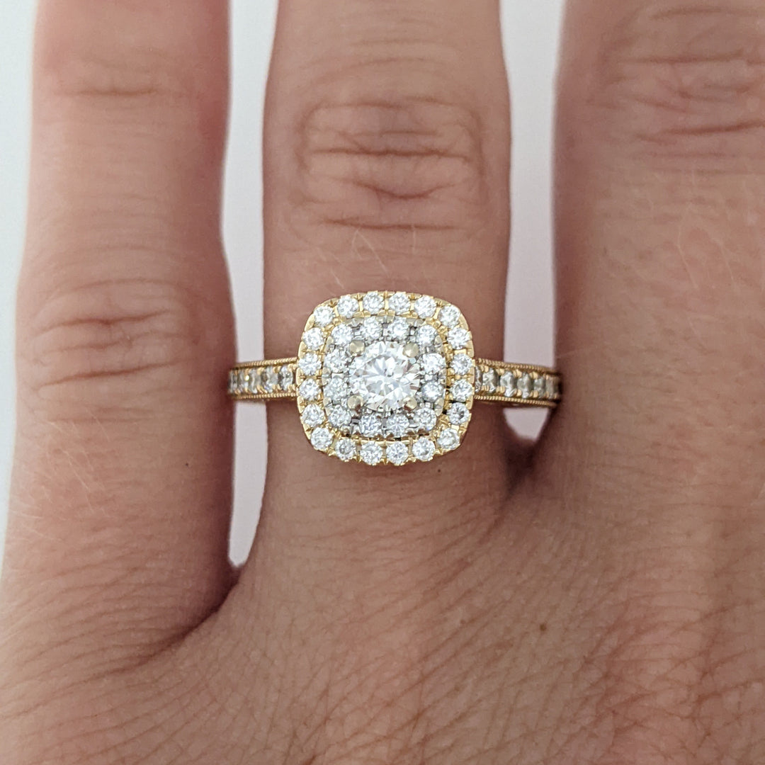 14K .73 CARAT TOTAL WEIGHT SI2 H DIAMOND ROUND (68) DOUBLE HALO ESTATE RING 4.4 GRAMS