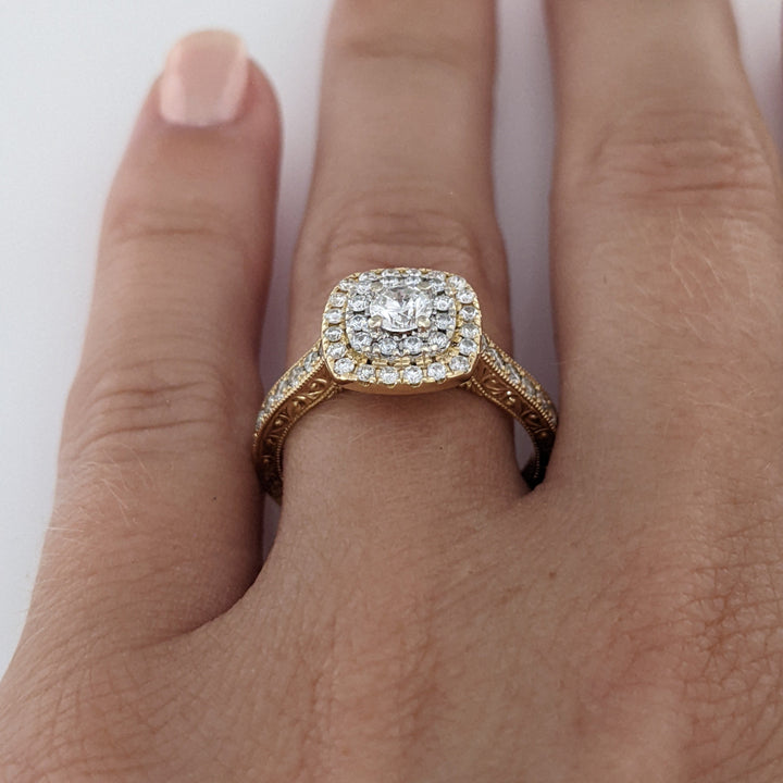 14K .73 CARAT TOTAL WEIGHT SI2 H DIAMOND ROUND (68) DOUBLE HALO ESTATE RING 4.4 GRAMS