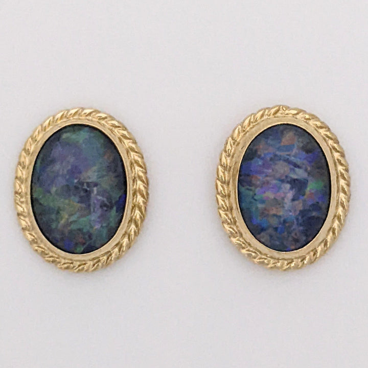 14K DOUBLET OPAL OVAL 6X8 WITH GOLD TRIM ESTATE EARRINGS 1.3 GRAMS
