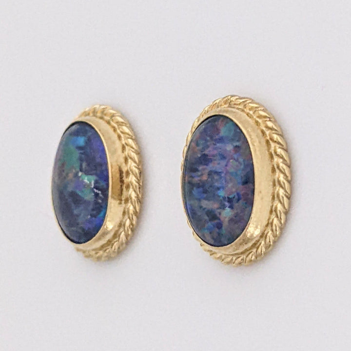 14K DOUBLET OPAL OVAL 6X8 WITH GOLD TRIM ESTATE EARRINGS 1.3 GRAMS
