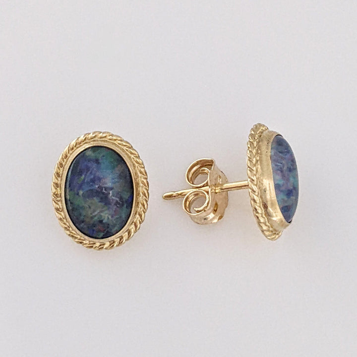 14K DOUBLET OPAL OVAL 6X8 WITH GOLD TRIM ESTATE EARRINGS 1.3 GRAMS