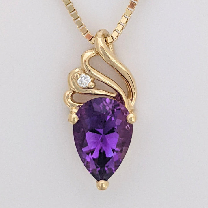 14K AMETHYST PEAR 7X10 WITH MELEE ESTATE PENDANT & CHAIN 4.9 GRAMS