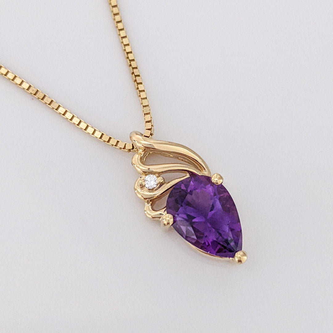 14K AMETHYST PEAR 7X10 WITH MELEE ESTATE PENDANT & CHAIN 4.9 GRAMS