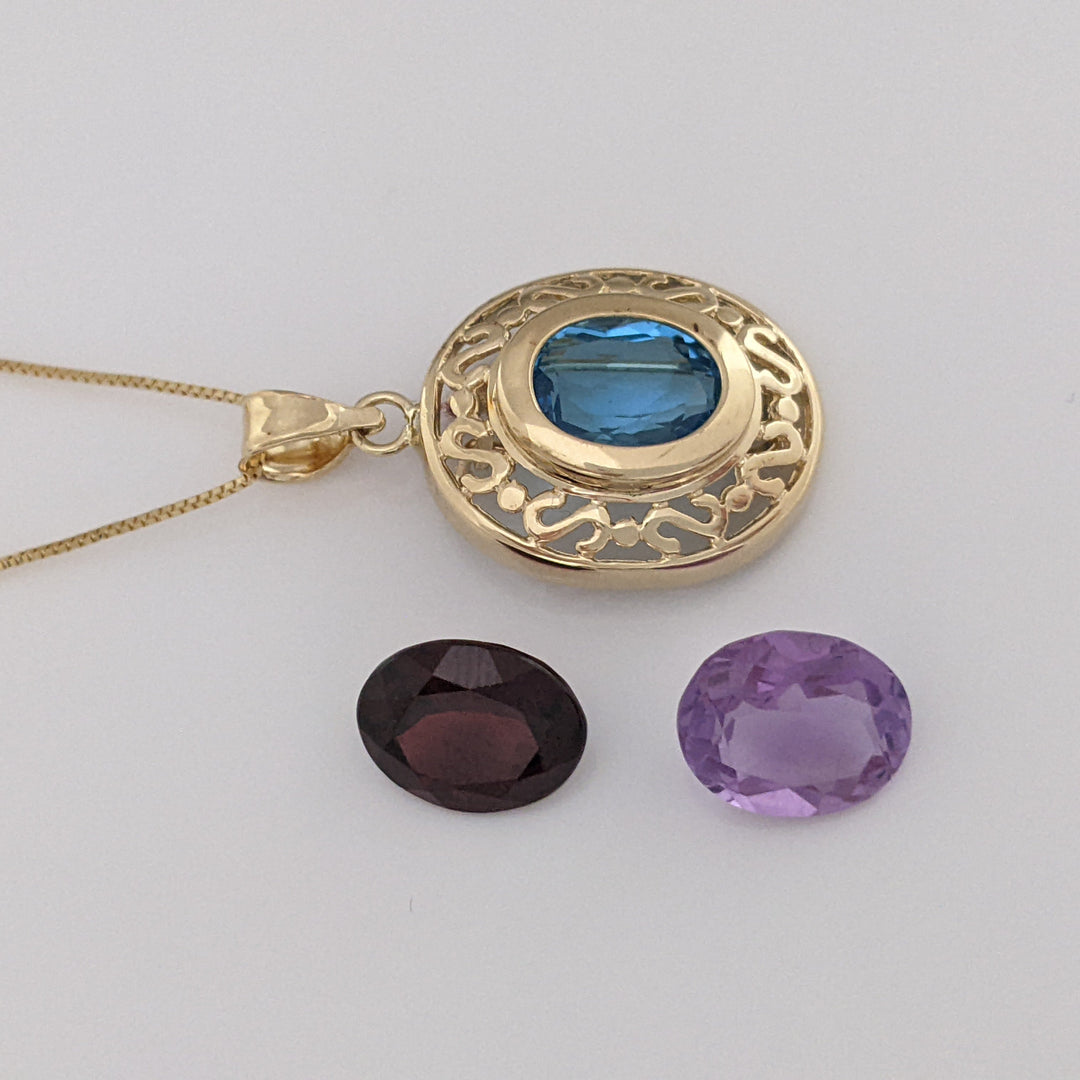 14K GARNET, AMETHYST, BLUE TOPAZ OVAL 9X11 INTERCHANGING ESTATE PENDANT & CHAIN 4.5 GRAMS