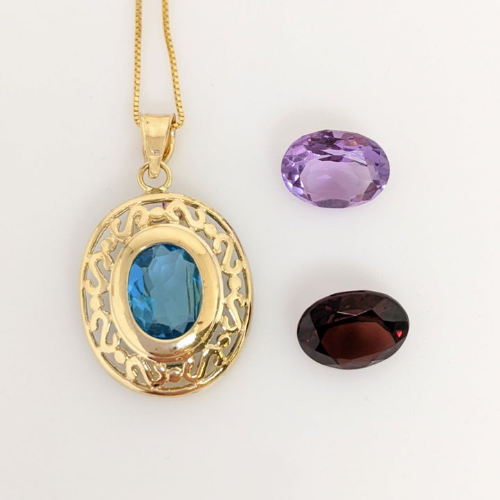 14K GARNET, AMETHYST, BLUE TOPAZ OVAL 9X11 INTERCHANGING ESTATE PENDANT & CHAIN 4.5 GRAMS