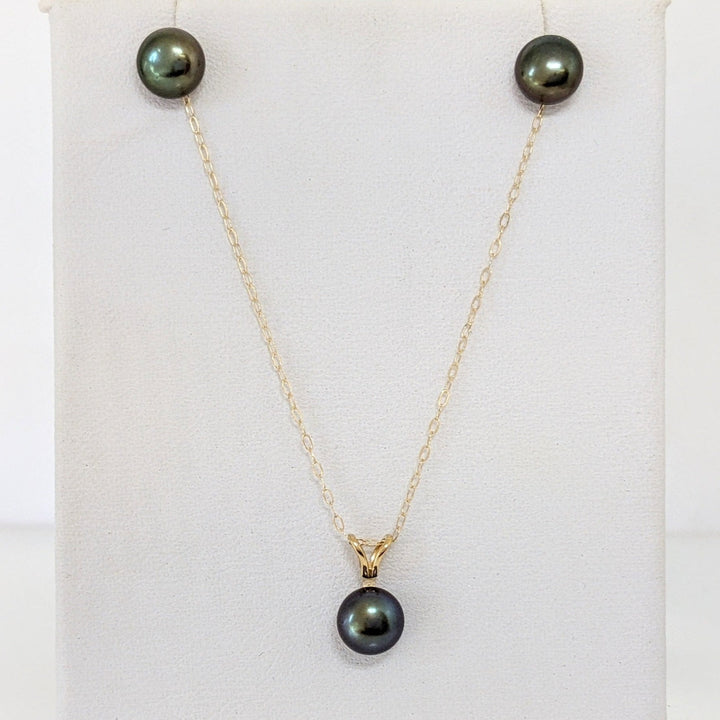 14K DYED BLACK BUTTON PEARL EARRING, PENDANT & CHAIN ESTATE SET 1.4 GRAMS
