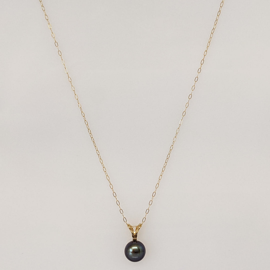 14K DYED BLACK BUTTON PEARL EARRING, PENDANT & CHAIN ESTATE SET 1.4 GRAMS