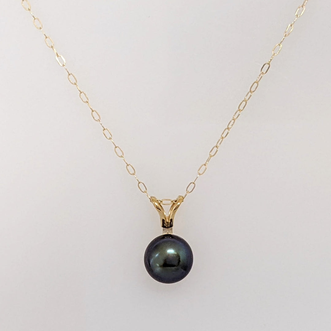 14K DYED BLACK BUTTON PEARL EARRING, PENDANT & CHAIN ESTATE SET 1.4 GRAMS