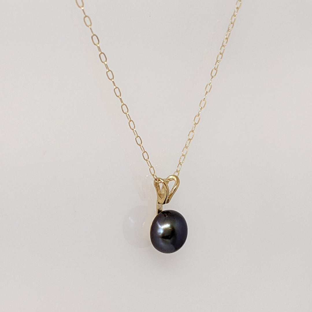 14K DYED BLACK BUTTON PEARL EARRING, PENDANT & CHAIN ESTATE SET 1.4 GRAMS