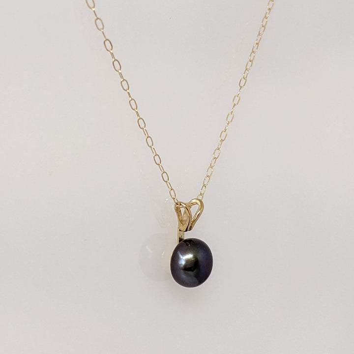 14K DYED BLACK BUTTON PEARL EARRING, PENDANT & CHAIN ESTATE SET 1.4 GRAMS
