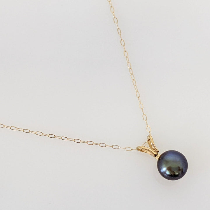 14K DYED BLACK BUTTON PEARL EARRING, PENDANT & CHAIN ESTATE SET 1.4 GRAMS