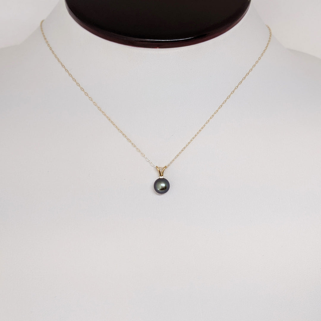14K DYED BLACK BUTTON PEARL EARRING, PENDANT & CHAIN ESTATE SET 1.4 GRAMS