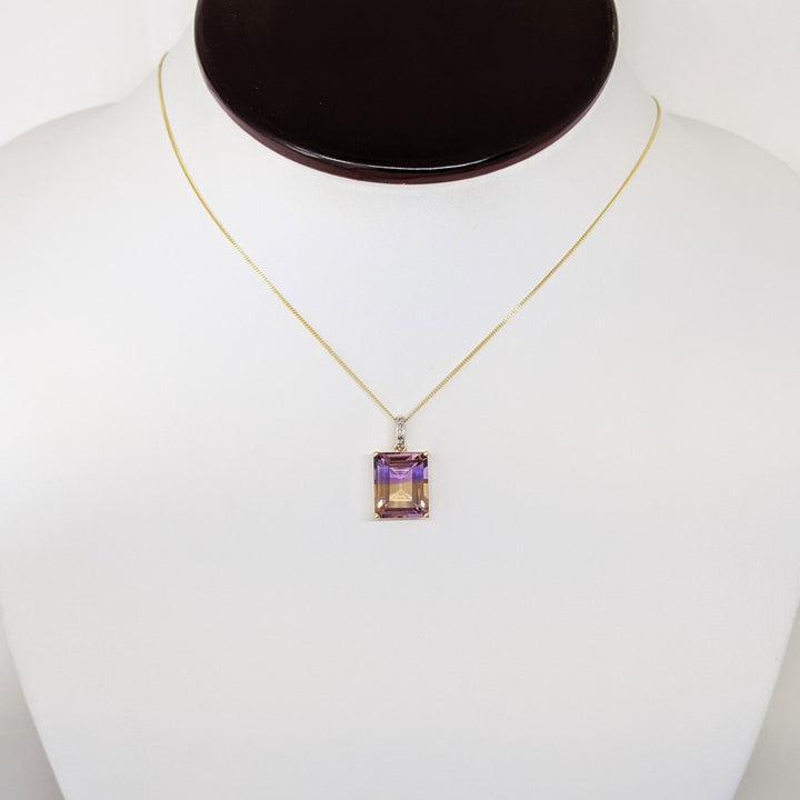 10K AMETRINE EMERALD CUT 10X12 WITH (5) MELEE ESTATE PENDANT & CHAIN 2.5 GRAMS