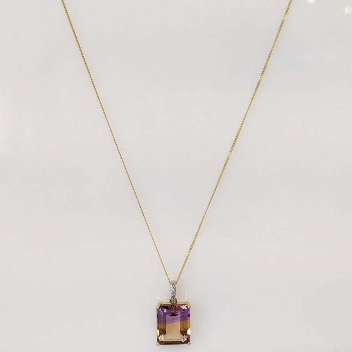 10K AMETRINE EMERALD CUT 10X12 WITH (5) MELEE ESTATE PENDANT & CHAIN 2.5 GRAMS